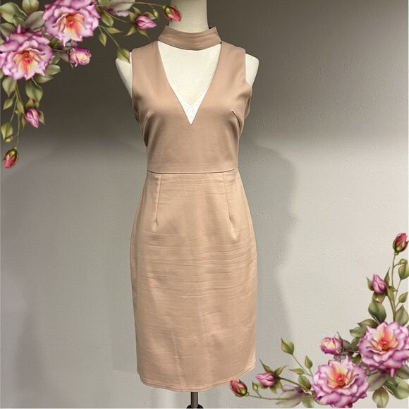 Sleeveless fitted tan color knee length dress - Picture 1 of 12